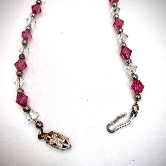 π
Ίantique Vintage pink and clear Czech faceted Glass Crystal Necklace silver tone - Picture 4 of 6